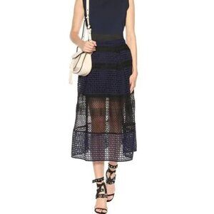 New Self-Portrait Navy Pleated Lace Paneled Guipure Netting Midi Skirt